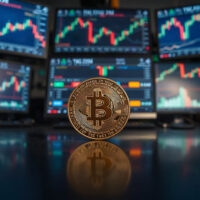 A Bitcoin coin on a reflective surface with a blurred financial trading desk in the background