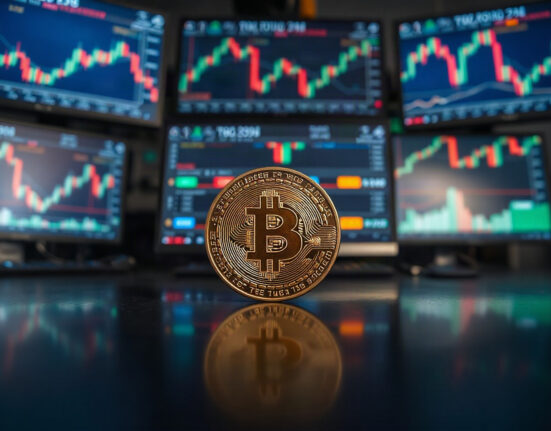 A Bitcoin coin on a reflective surface with a blurred financial trading desk in the background