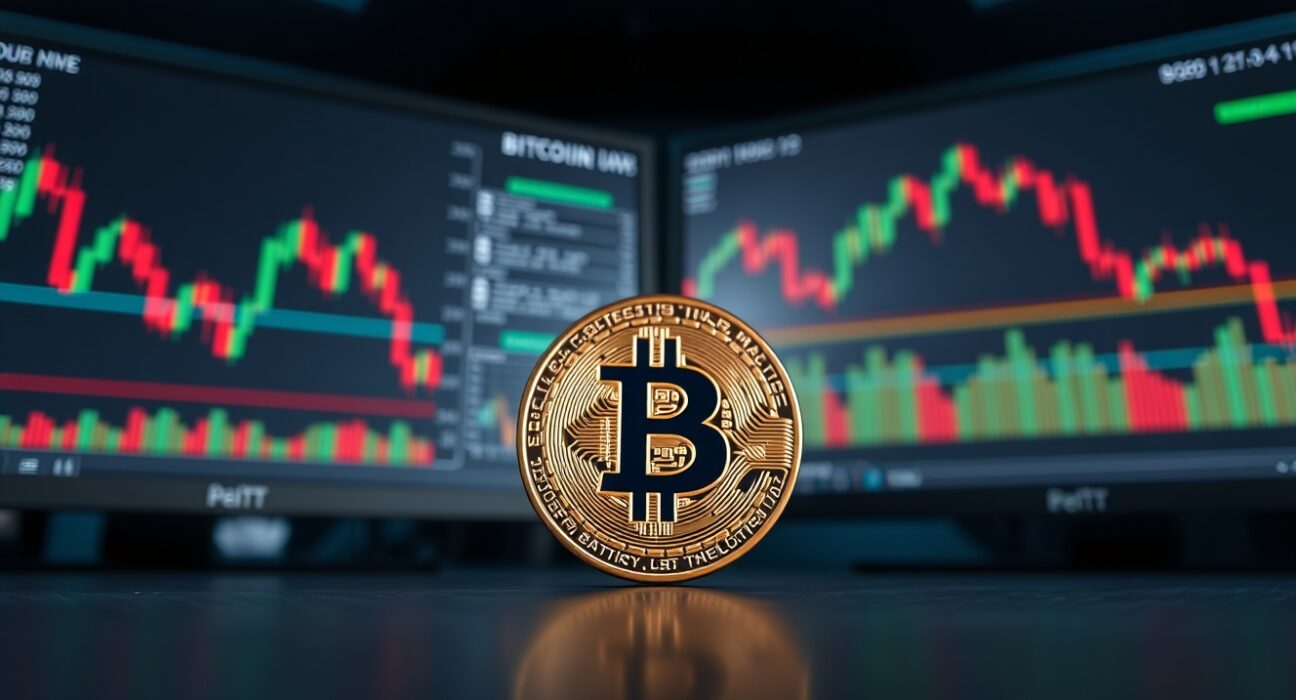 Bitcoin coin on a trading desk with monitors showing price charts and market data
