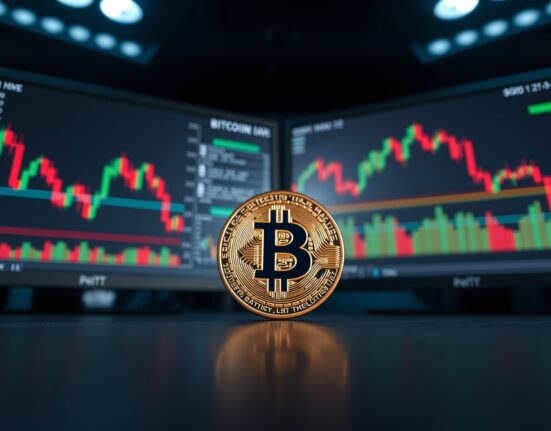 Bitcoin coin on a trading desk with monitors showing price charts and market data