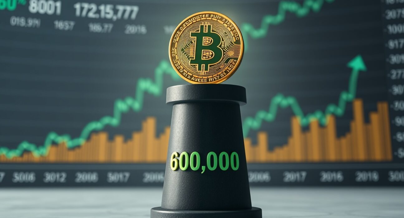 Bitcoin coin resting on a pedestal marked 60,000, representing a structural price floor.