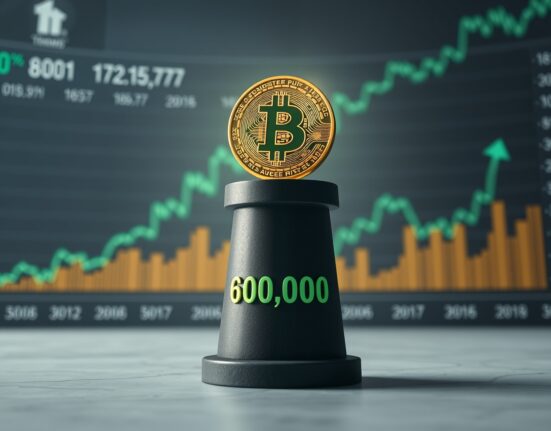 Bitcoin coin resting on a pedestal marked 60,000, representing a structural price floor.