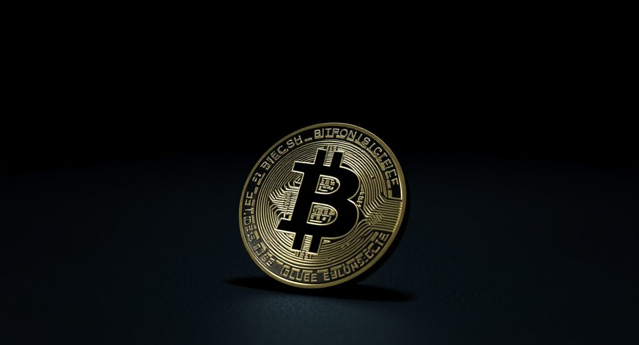 Bitcoin coin on dark surface with subtle red reflection indicating price decline