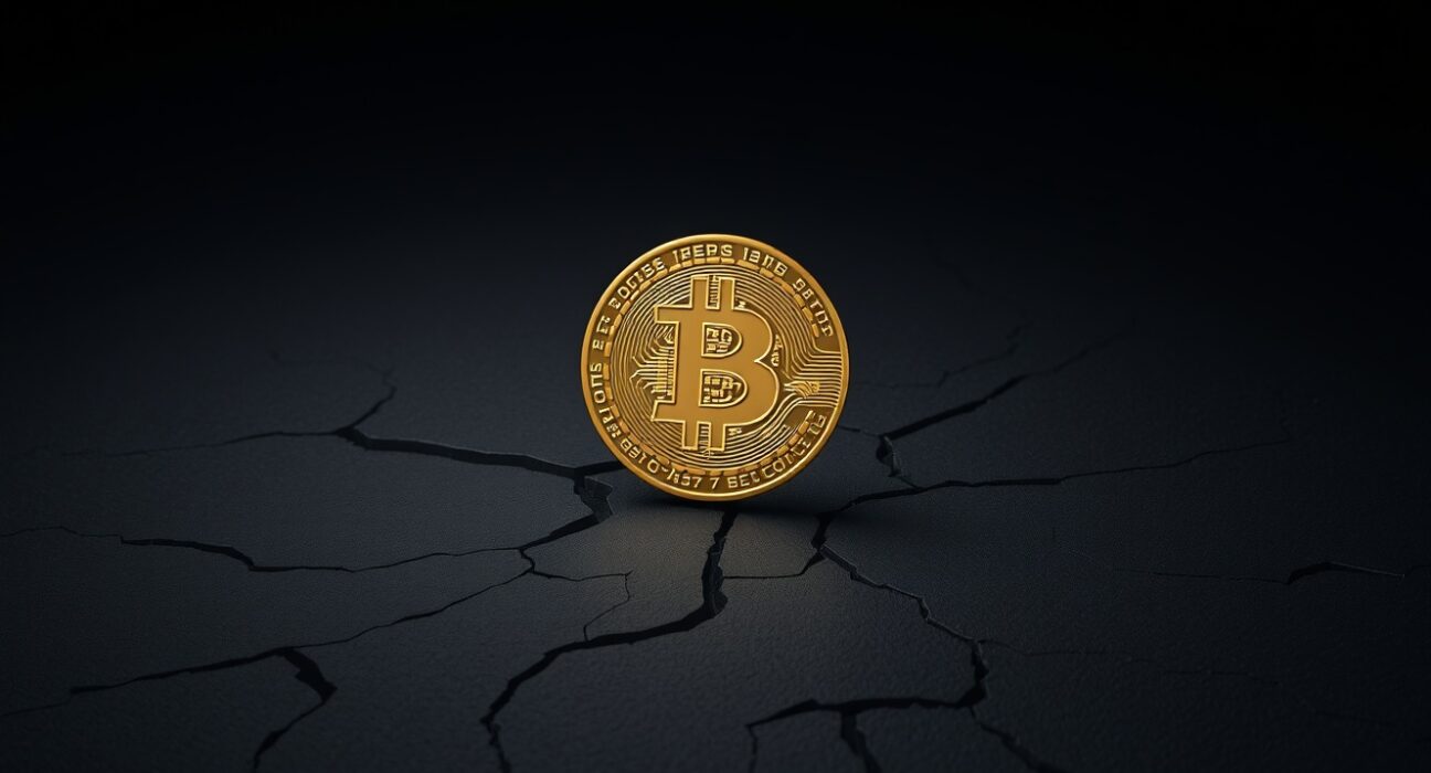 Bitcoin coin on cracked surface symbolizing fragile market structure