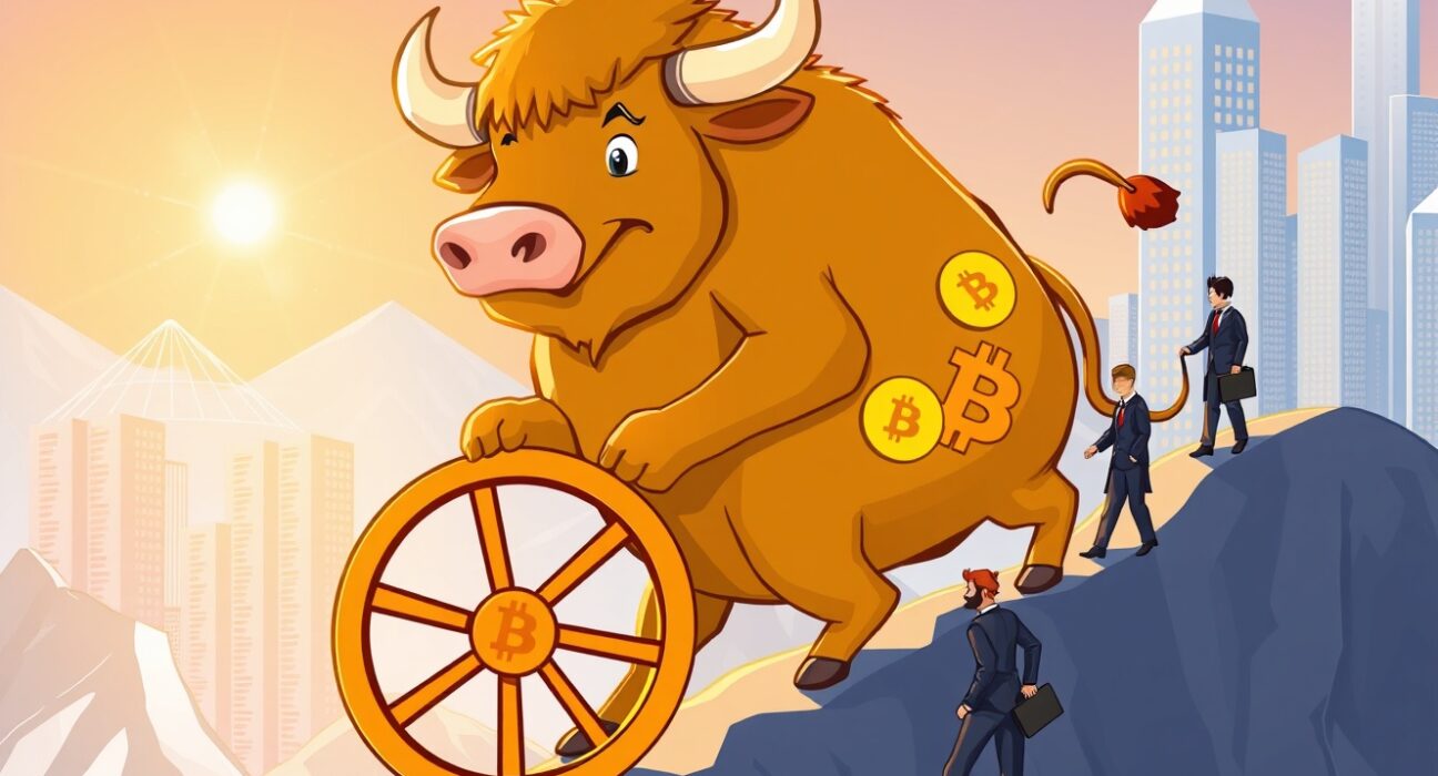 A cartoon bull symbolizing a Bitcoin supercycle leading institutional investors towards growth.