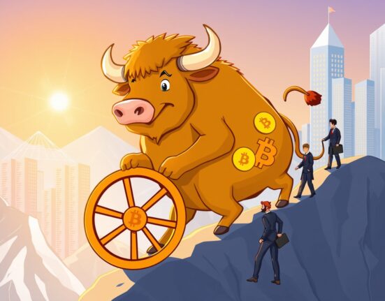 A cartoon bull symbolizing a Bitcoin supercycle leading institutional investors towards growth.