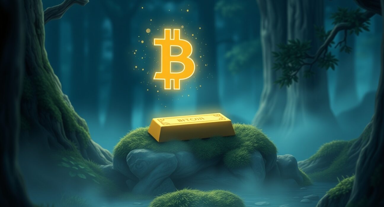 Conceptual art comparing Bitcoin as digital gold to physical gold bars for storing value.