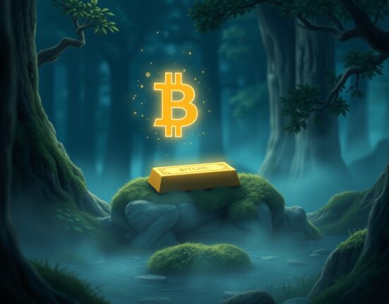 Conceptual art comparing Bitcoin as digital gold to physical gold bars for storing value.