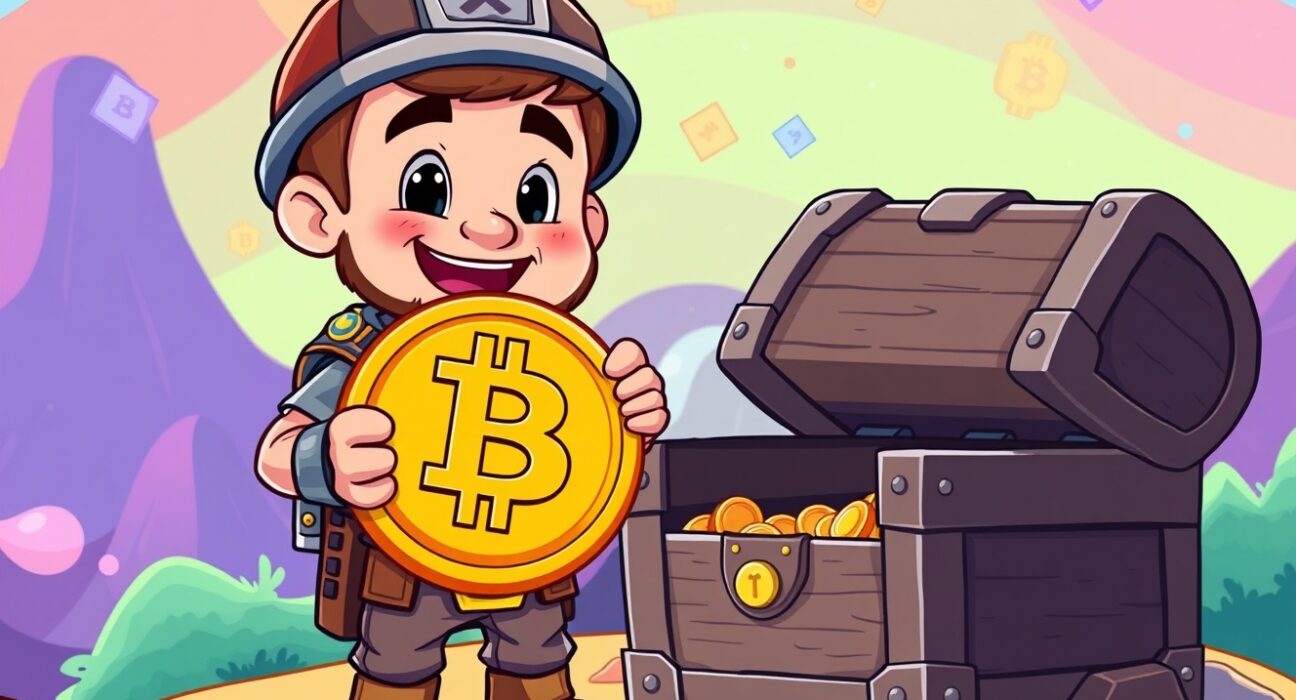 Bitcoin supply milestone showing cheerful miner with nearly full treasure chest of digital coins