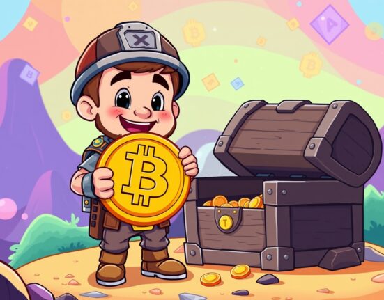 Bitcoin supply milestone showing cheerful miner with nearly full treasure chest of digital coins