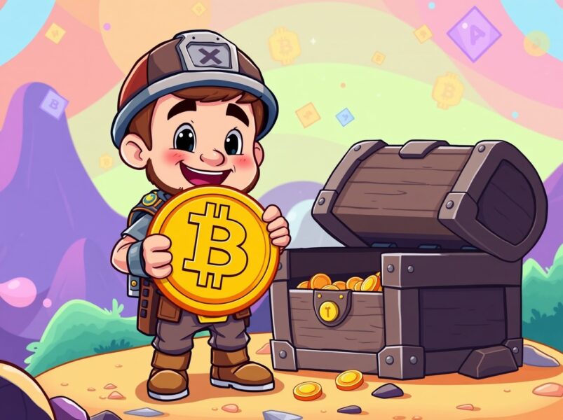 Bitcoin supply milestone showing cheerful miner with nearly full treasure chest of digital coins
