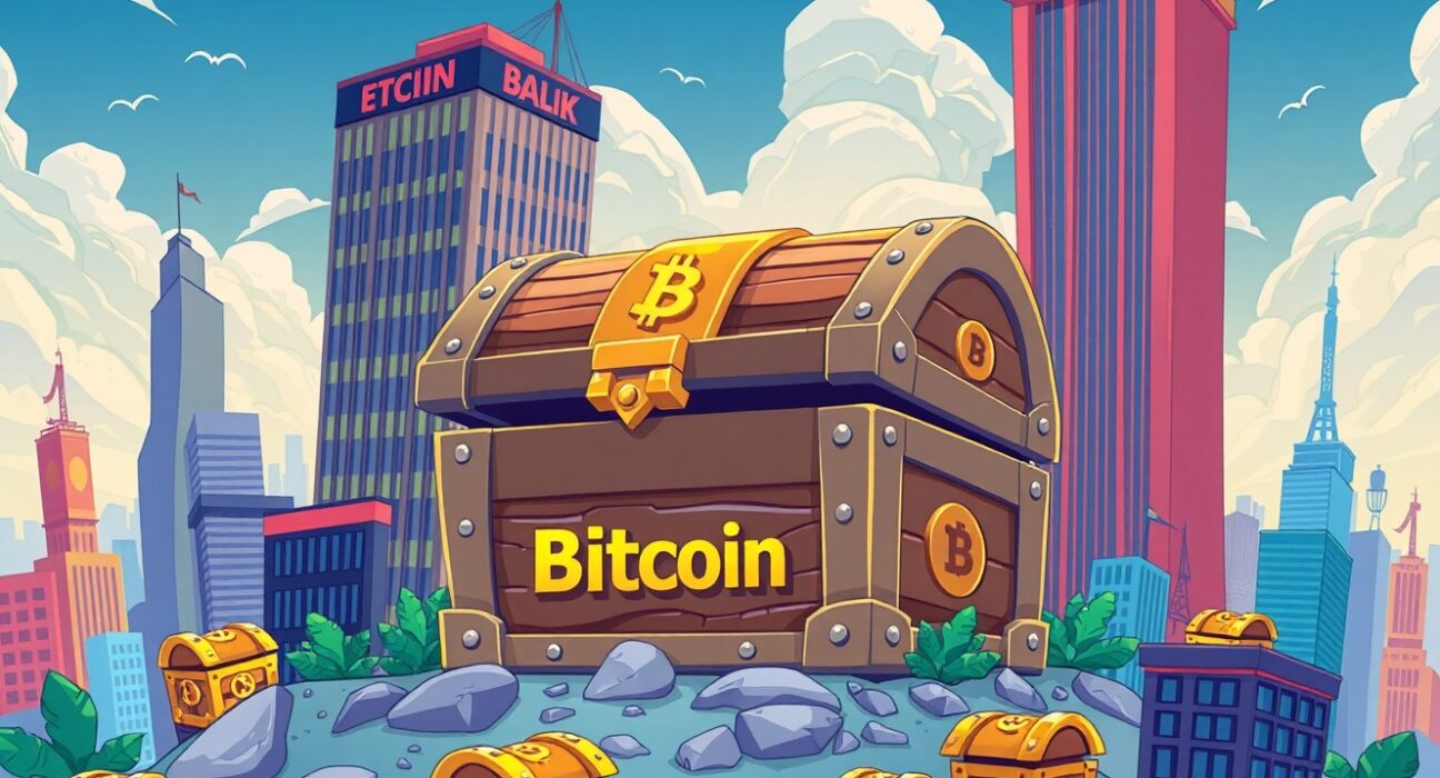 Cartoon illustration showing Bitcoin supply concentration among large institutions and exchanges