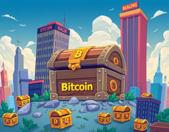 Cartoon illustration showing Bitcoin supply concentration among large institutions and exchanges