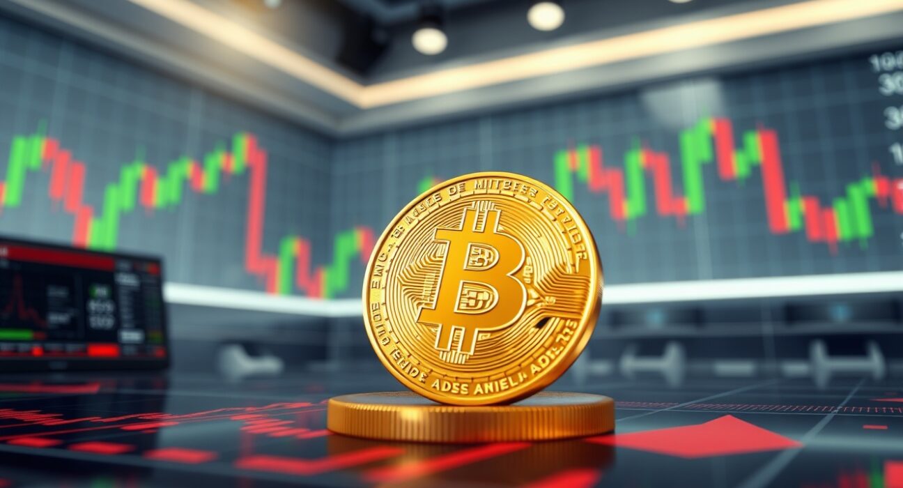 Bitcoin coin on digital stock chart with candlesticks