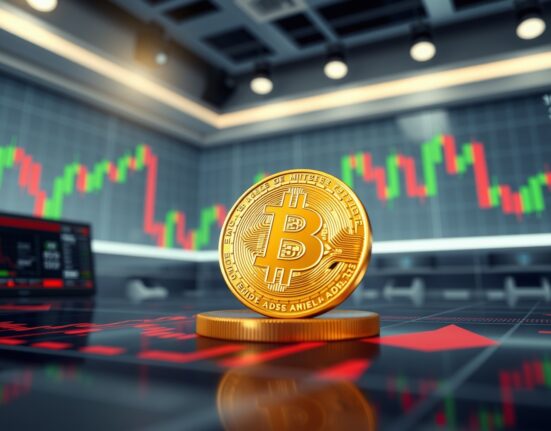 Bitcoin coin on digital stock chart with candlesticks