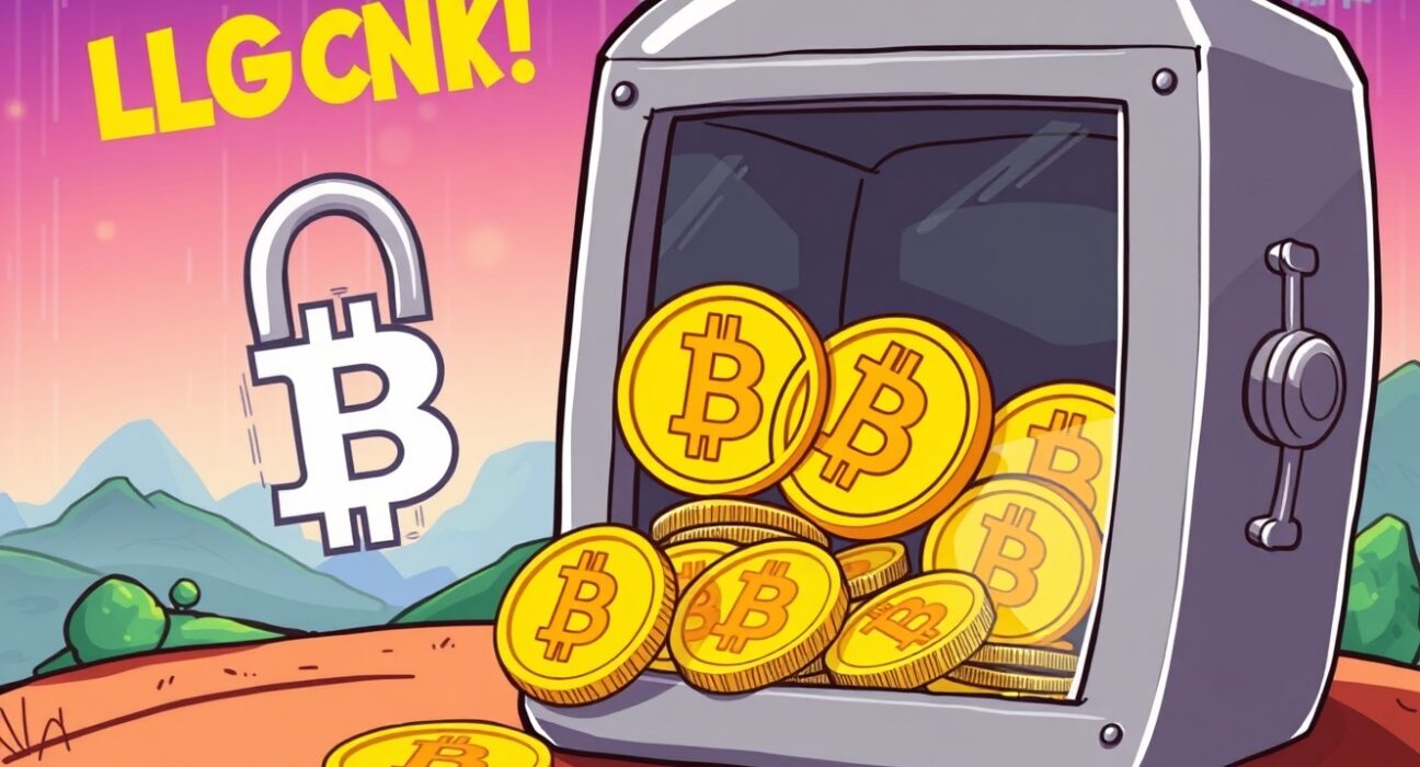 A cartoon illustration showing a large portion of Bitcoin supply being locked away, symbolizing increasing illiquidity and its long-term holding trend.