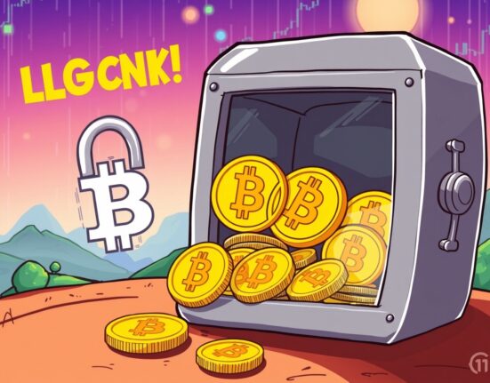 A cartoon illustration showing a large portion of Bitcoin supply being locked away, symbolizing increasing illiquidity and its long-term holding trend.