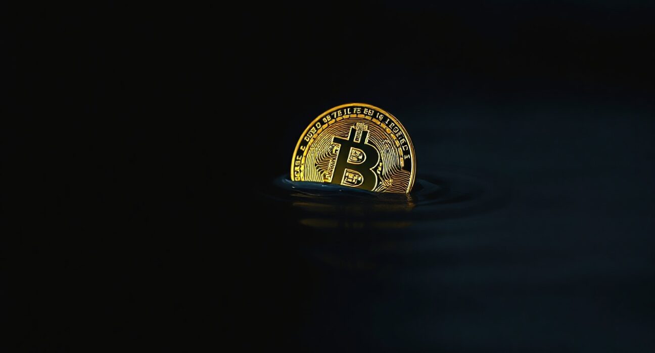 Bitcoin coin partially submerged in dark water representing supply in loss