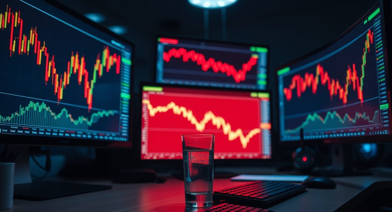 Bitcoin price charts in red on monitors at a trading desk