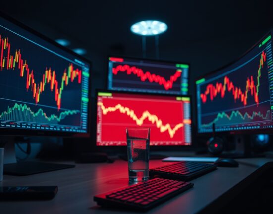 Bitcoin price charts in red on monitors at a trading desk
