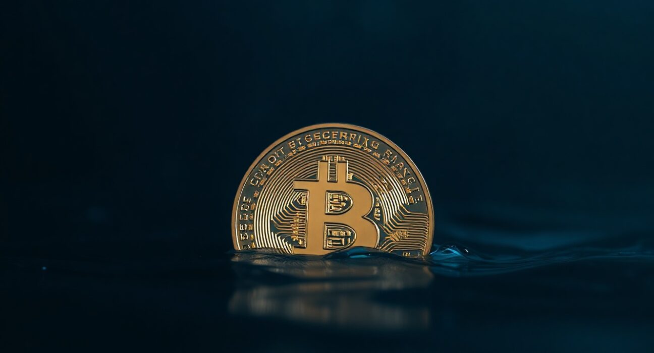 Bitcoin coin partially submerged in dark water, representing financial stress and potential market capitulation.