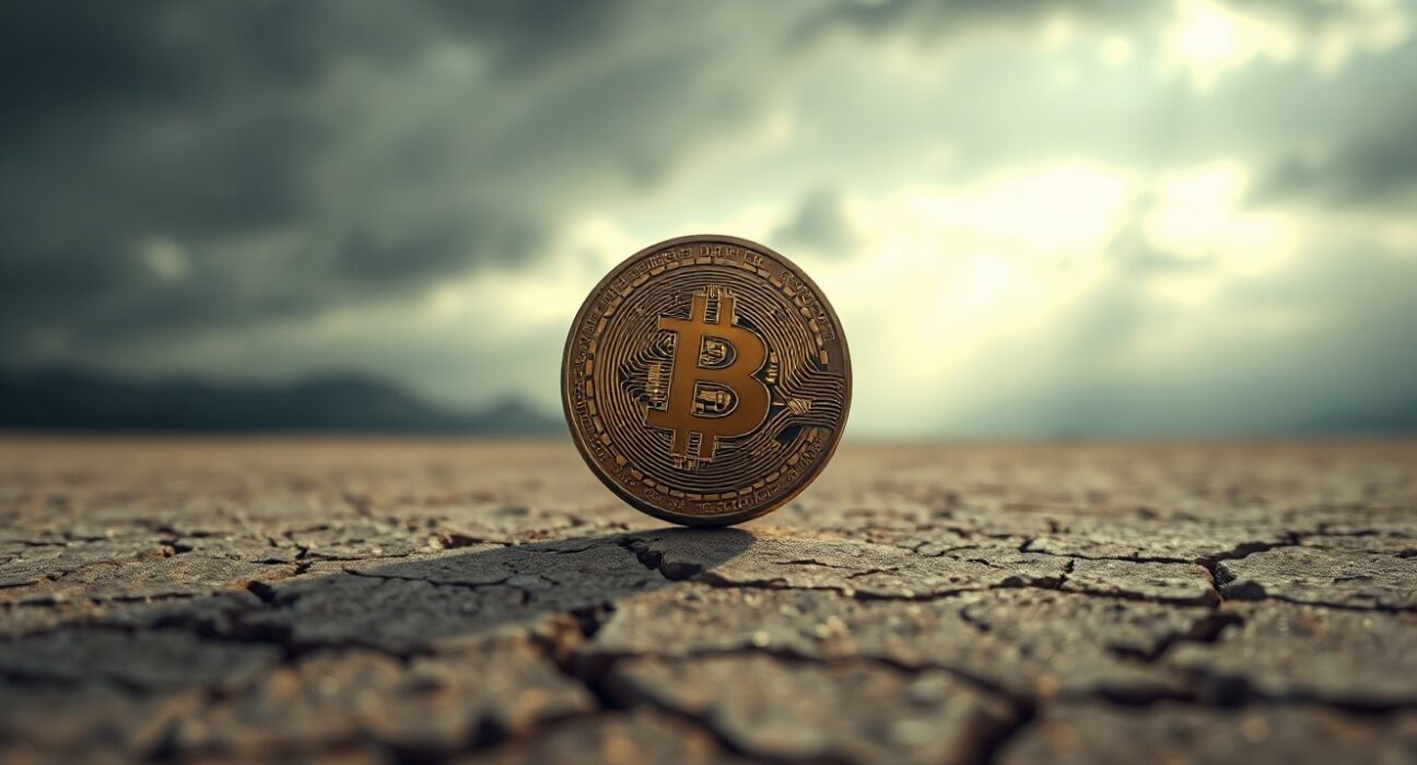 Bitcoin coin on cracked desert floor under overcast sky, representing market downturn and potential bottom