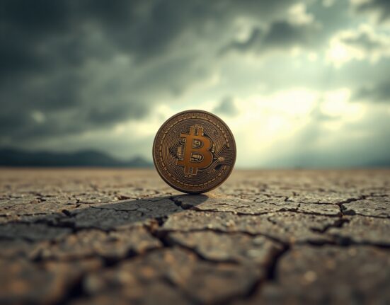 Bitcoin coin on cracked desert floor under overcast sky, representing market downturn and potential bottom