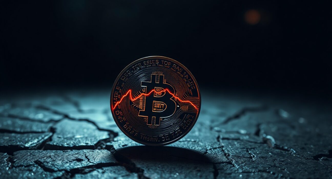 Bitcoin coin on cracked dark stone surface with red downward trend line, symbolizing bearish market conditions