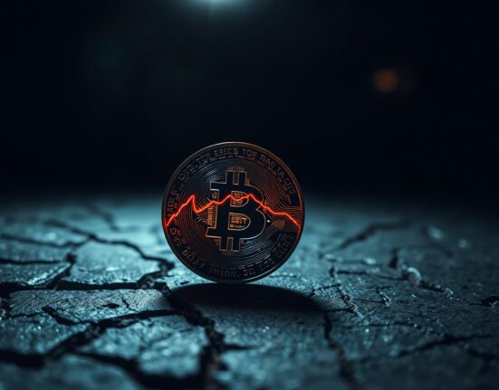 Bitcoin coin on cracked dark stone surface with red downward trend line, symbolizing bearish market conditions