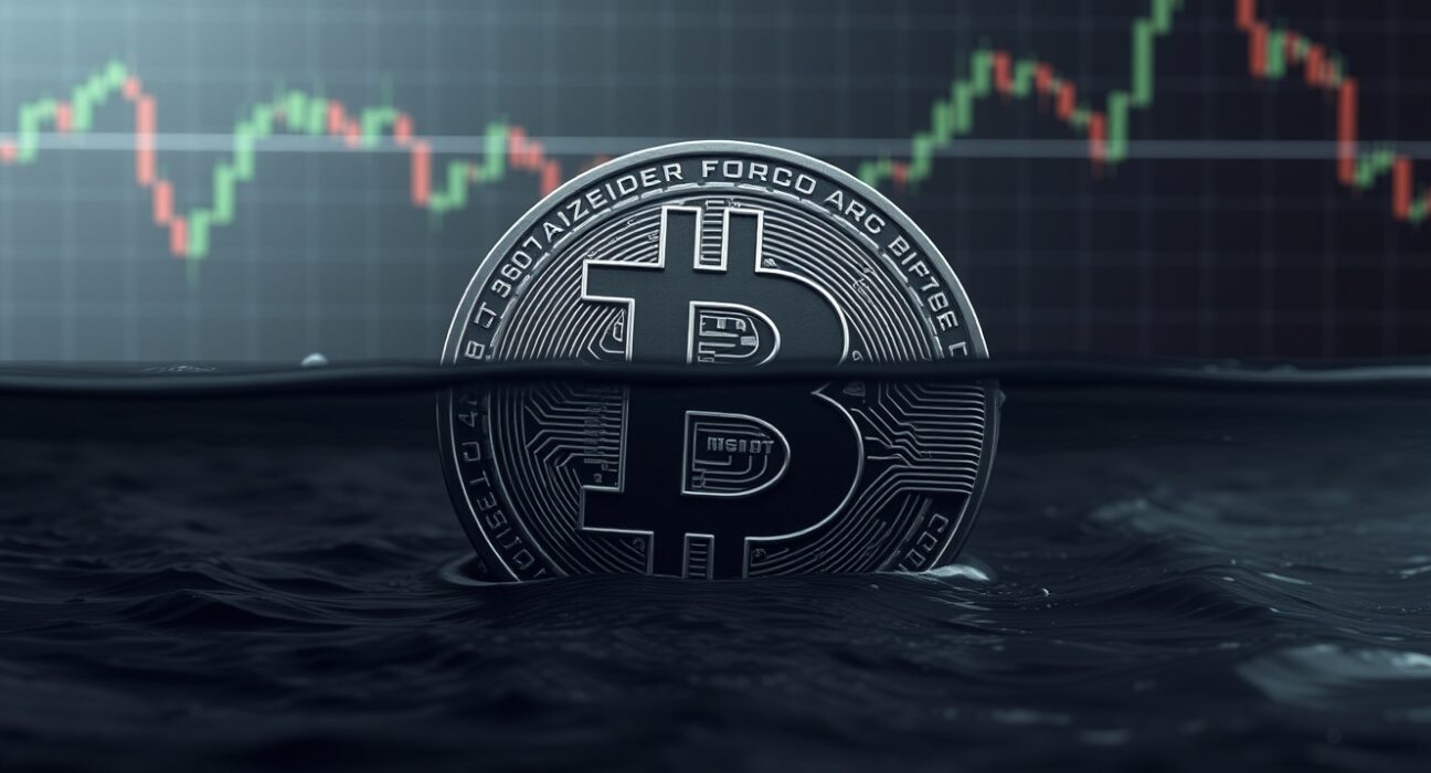 Bitcoin symbol partially submerged, representing the majority of BTC supply held at a loss according to Glassnode data.