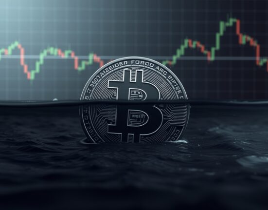 Bitcoin symbol partially submerged, representing the majority of BTC supply held at a loss according to Glassnode data.