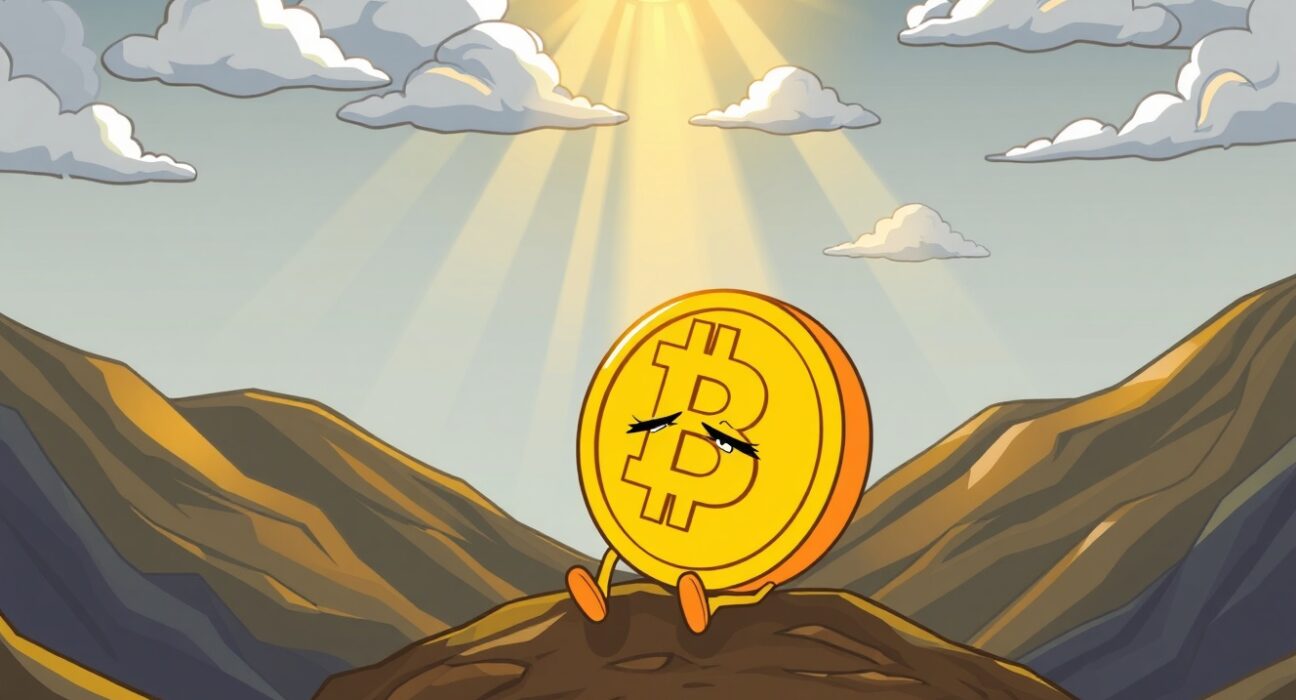 Bitcoin supply at loss depicted as a cartoon Bitcoin character at market bottom with hopeful recovery signs