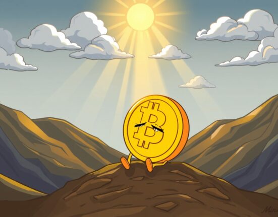 Bitcoin supply at loss depicted as a cartoon Bitcoin character at market bottom with hopeful recovery signs