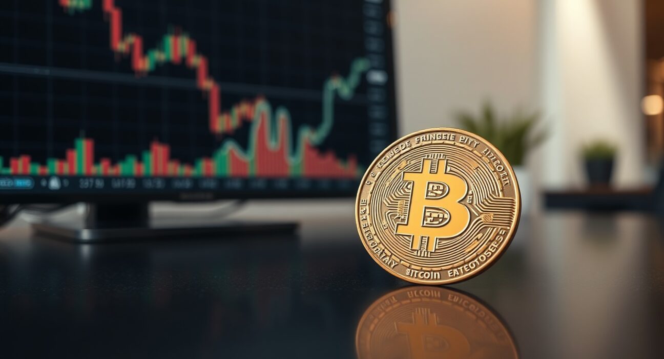 Bitcoin coin on reflective surface with market chart in background, representing on-chain profit analysis