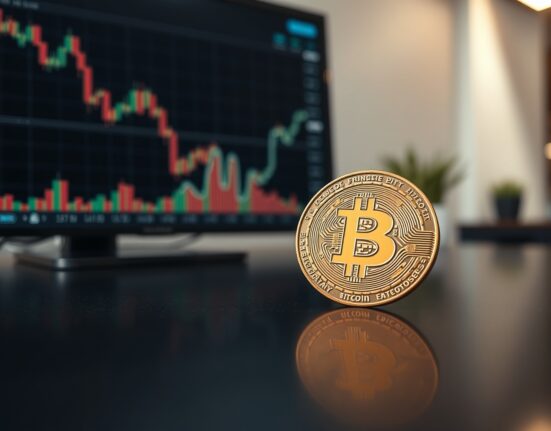 Bitcoin coin on reflective surface with market chart in background, representing on-chain profit analysis
