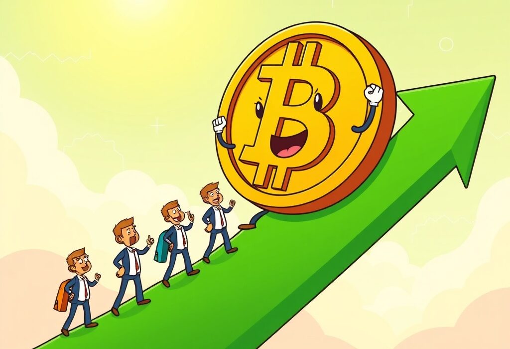 A cheerful cartoon Bitcoin represents 99% of the Bitcoin supply in profit, surrounded by happy investors, symbolizing widespread cryptocurrency gains.
