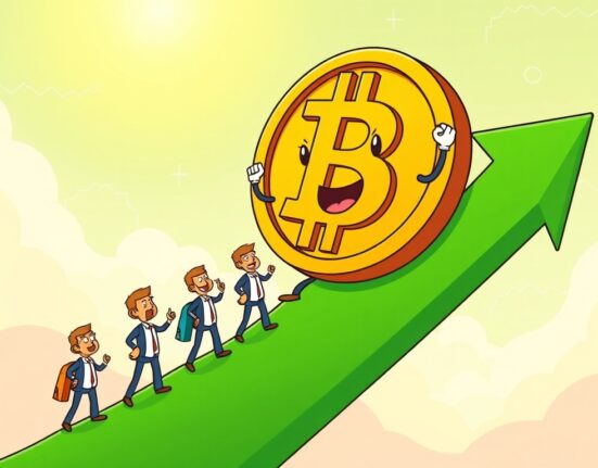 A cheerful cartoon Bitcoin represents 99% of the Bitcoin supply in profit, surrounded by happy investors, symbolizing widespread cryptocurrency gains.