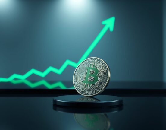 Bitcoin coin with chart background showing price resistance near $83,000-$85,000 range