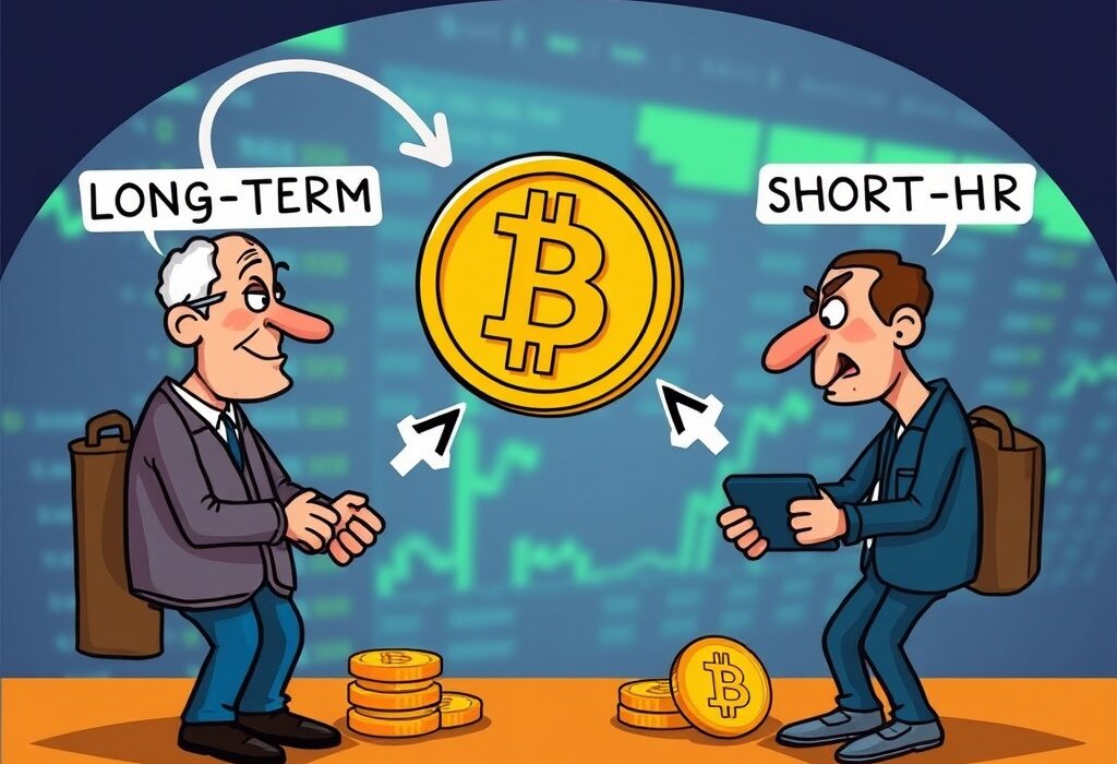 Cartoon illustration showing Bitcoin supply rotation as coins move from patient long-term holders to active short-term traders.