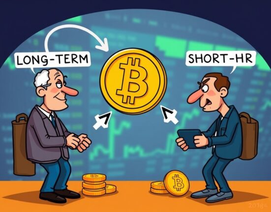 Cartoon illustration showing Bitcoin supply rotation as coins move from patient long-term holders to active short-term traders.