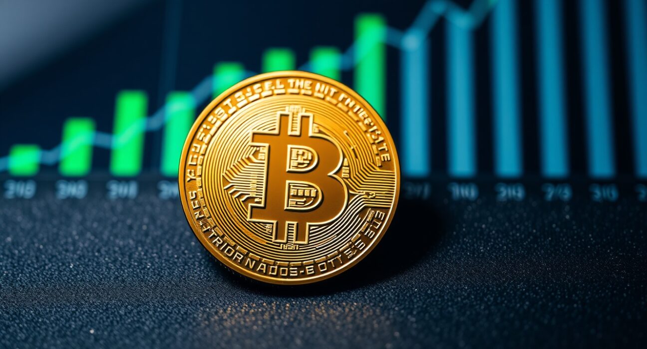 Bitcoin coin on dark surface with blurred green chart showing upward trend