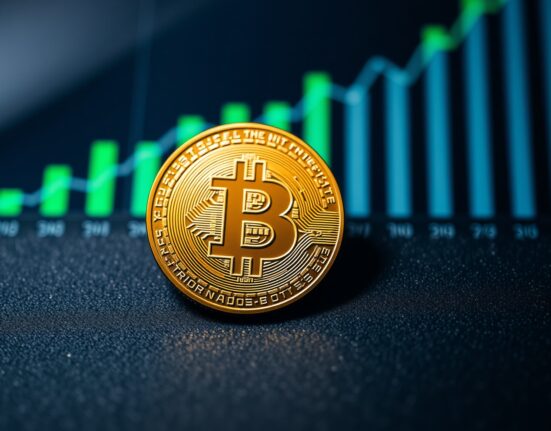 Bitcoin coin on dark surface with blurred green chart showing upward trend