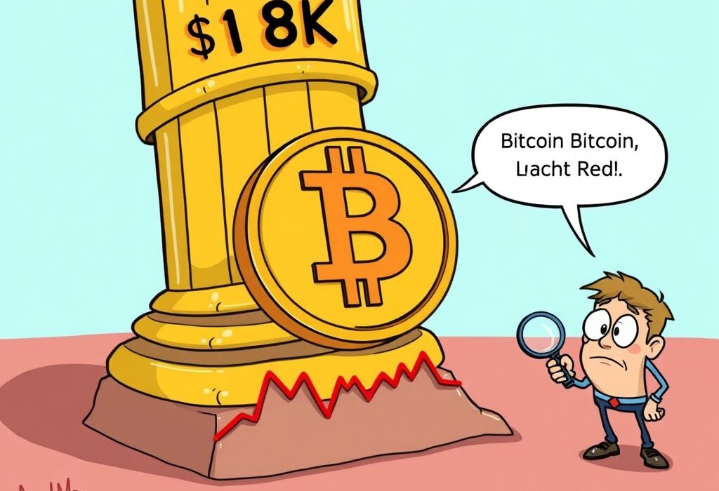A cartoon illustration showing the $118K level as crucial Bitcoin support, highlighting market stability concerns.
