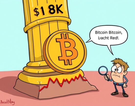 A cartoon illustration showing the $118K level as crucial Bitcoin support, highlighting market stability concerns.