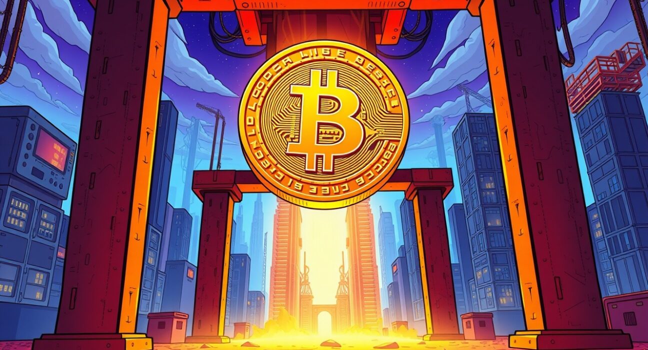 Bitcoin support shown as strong pillars holding up golden cryptocurrency coin