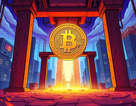 Bitcoin support shown as strong pillars holding up golden cryptocurrency coin