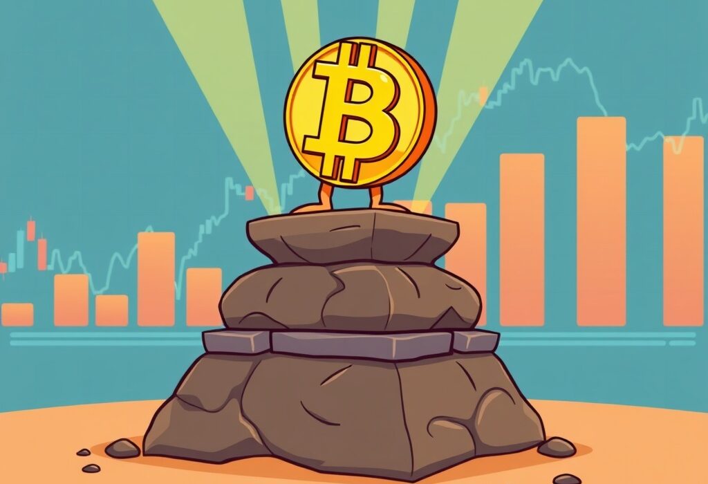 A cartoon illustration showing strong Bitcoin support levels, depicting the resilience of BTC price at key thresholds.