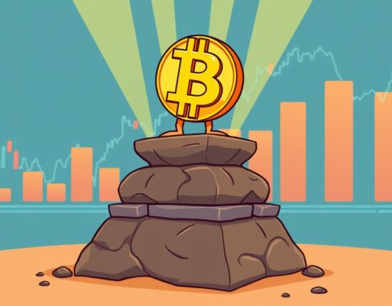 A cartoon illustration showing strong Bitcoin support levels, depicting the resilience of BTC price at key thresholds.