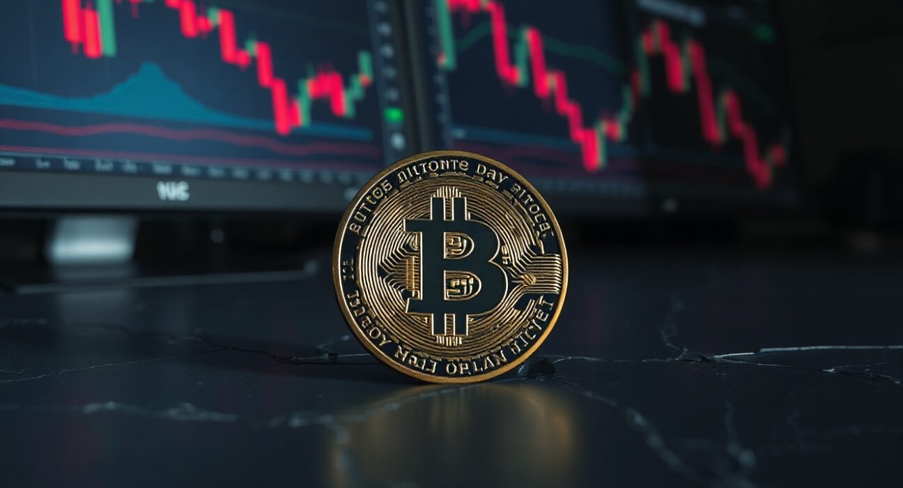 Bitcoin coin on cracked surface representing critical price support level under pressure in trading environment