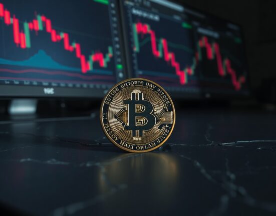 Bitcoin coin on cracked surface representing critical price support level under pressure in trading environment